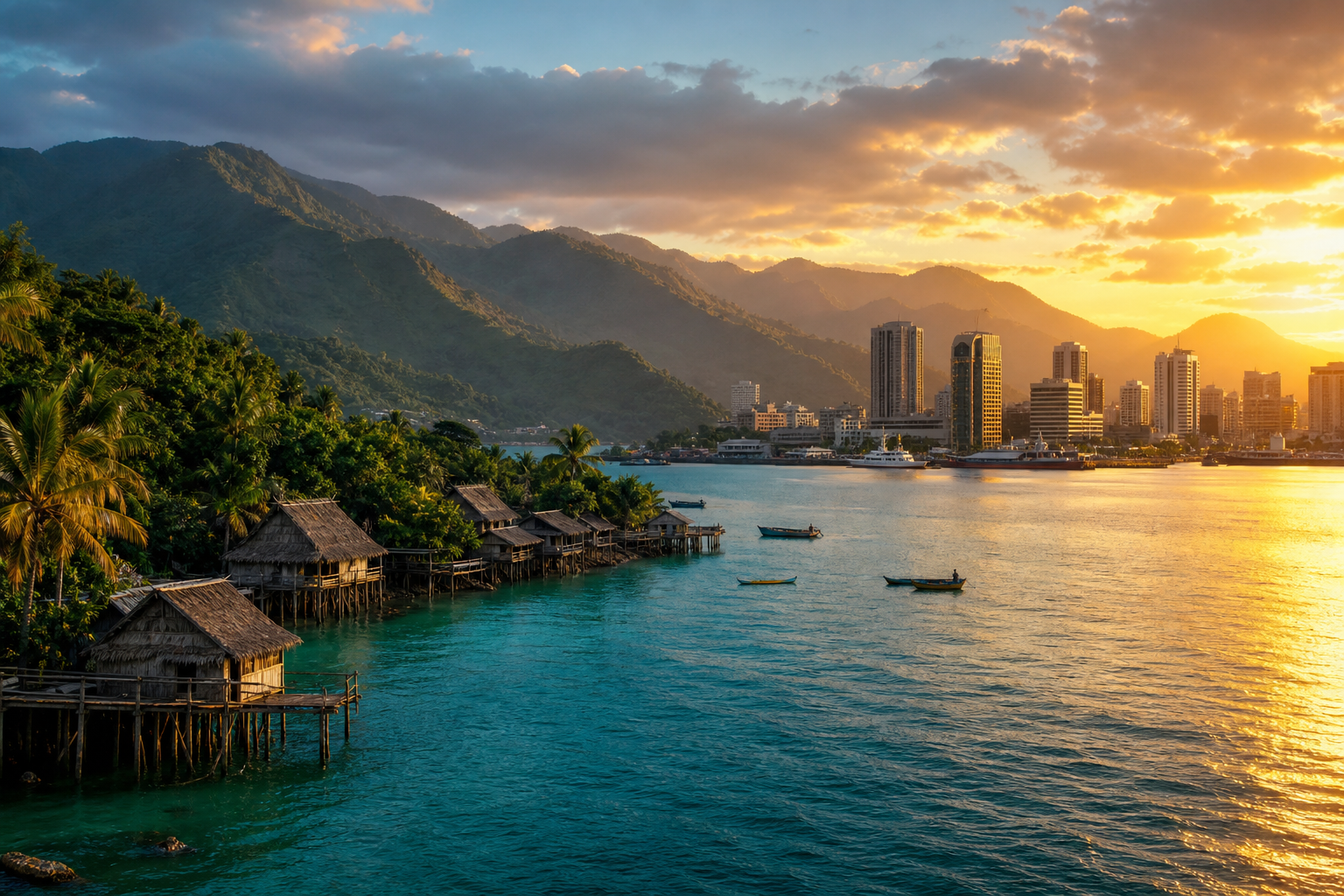 Papua New Guinea coastline, mountains and Port Moresby skyline at sunrise