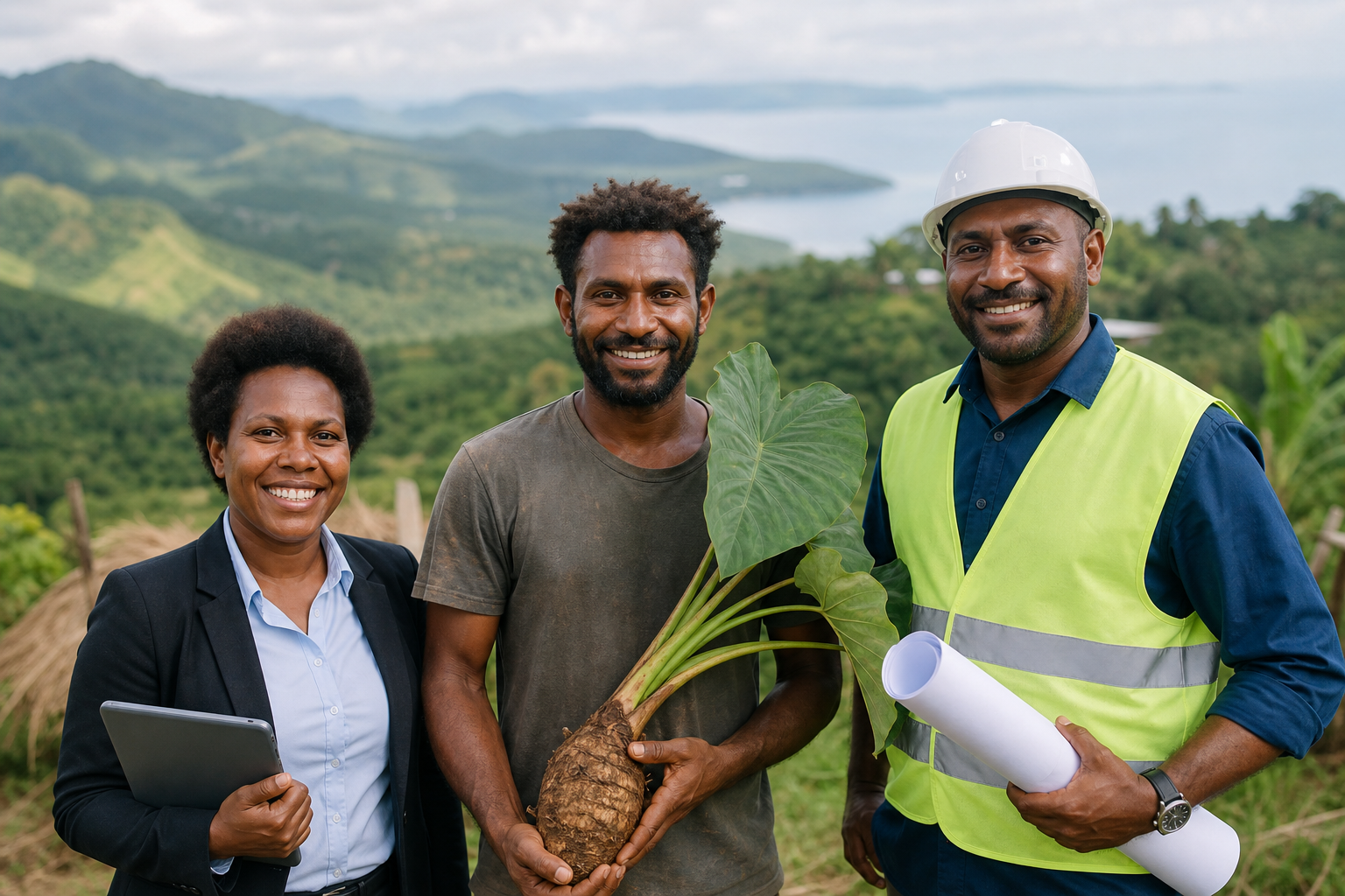 Papua New Guinean professionals, a farmer and an engineer collaborating outdoors